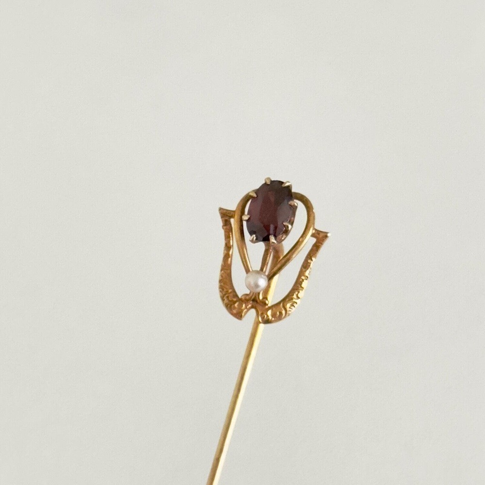 Antique 14k Yellow Gold Garnet Seed Pearl Stick Pin - Picture 12 of 13
